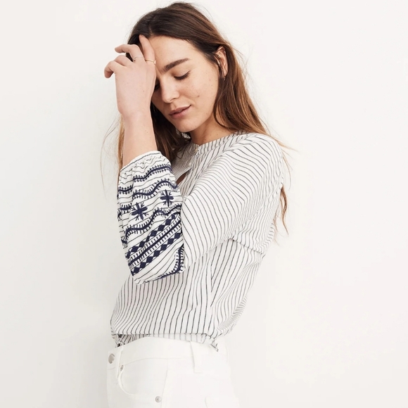 Madewell Striped Embroidered-Sleeve Shirt SZ XS - Picture 4 of 11